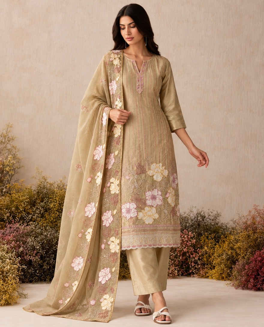 7117 - Beige Embroidered Work Shimmer Salwar Suit